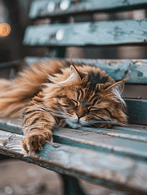 户外昏昏欲睡的毛茸茸的棕色猫睡在长凳上