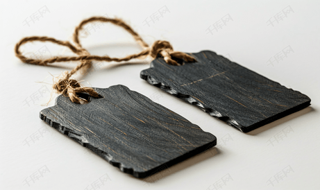 三个空白的黑色木标签用棕色绳子绑着