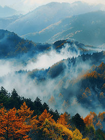 秋天的云雾缭绕的山景