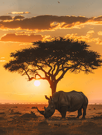 夕阳下巨大的犀牛站在非洲金合欢树旁