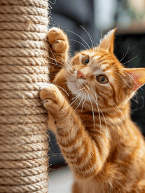 年轻可爱的猫在抓挠器上抓爪子