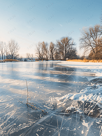 冬天可以看到结冰的湖面有很多滑冰道