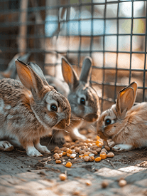 一群兔子正在吃食物兔子在笼子里的地板上吃食物