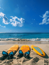 穿着潜水服的冲浪板躺在海滩的沙子上映衬着蓝天