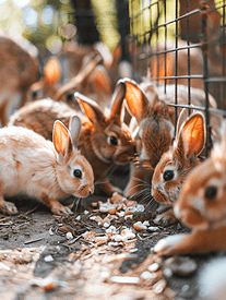 一群兔子正在吃食物兔子在笼子里的地板上吃食物