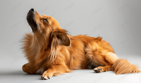 一只棕色长毛泰国狗因跳蚤和蜱虫而用嘴抓尾巴