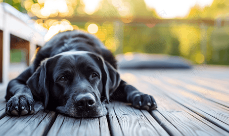 黑色实验室犬在木甲板上休息