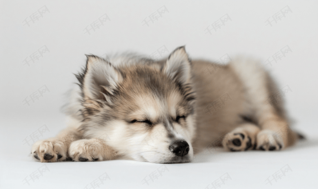 可爱的阿拉斯加雪橇犬小狗玩累了