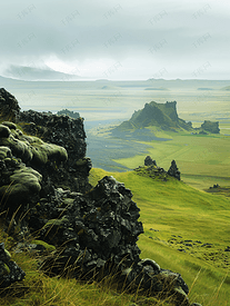 冰岛海岸沿线的农田和黑色熔岩