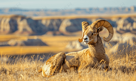 在南达科他州荒地中休息的大角羊