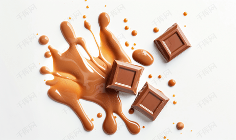 焦糖巧克力棒和液体在白色背景上的顶视图