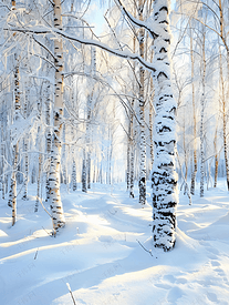 积雪覆盖的树枝和桦树林