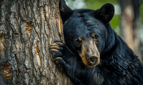 黑熊脸靠在树上