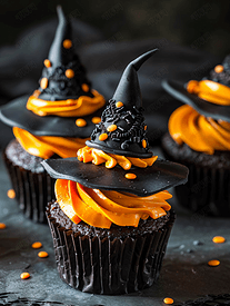 橙色和黑色的女巫帽和扫帚纸杯蛋糕诡异的套装