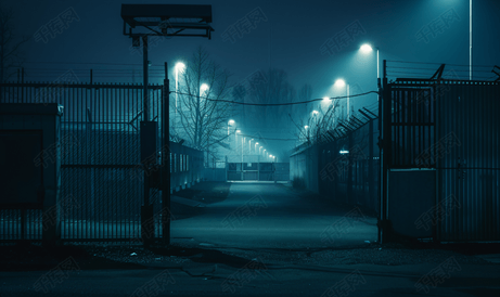 夜晚的工业区建筑物处于黑暗中大门和围栏处于黑暗中