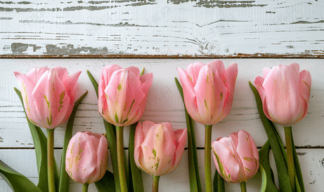 白色木质纹理背景上的粉红色郁金香