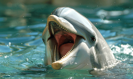近距离观察露出牙齿的海豚