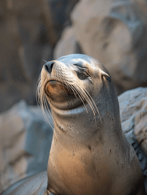 可爱的海狮在岩石上闭着眼睛