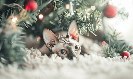 斯芬克斯猫小心翼翼地躲在圣诞树下