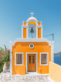 希腊安坡里奥圣托里尼岛东正教教堂及其多层钟楼立面
