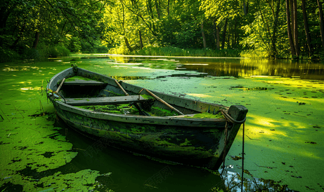 森林背景下的绿色池塘上停着一艘带桨的旧船