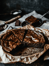黑桌上金属烤盘中的烤巧克力布朗尼派