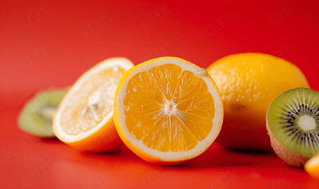 背景纹理水果混合红色背景上的柠檬橙猕猴桃