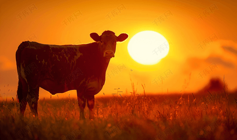 萨斯喀彻温省一头牛身后的太阳落山