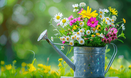 喷壶里五颜六色的野花花束春天和园艺的概念