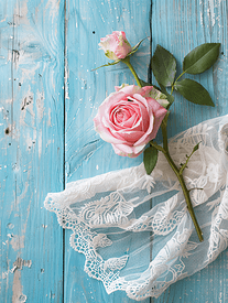 蓝色木质背景蕾丝餐巾上的早午餐和粉红玫瑰顶视图选择性焦点