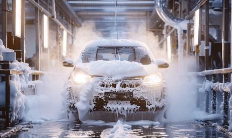 户外洗车中心白色肥皂雪泡沫中的汽车