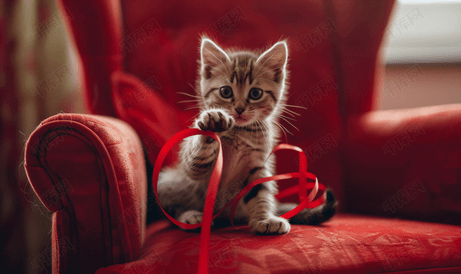 小猫在红椅子上玩丝带