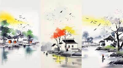 中国风江南水乡水墨画