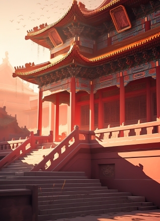 中国古建筑红墙插画