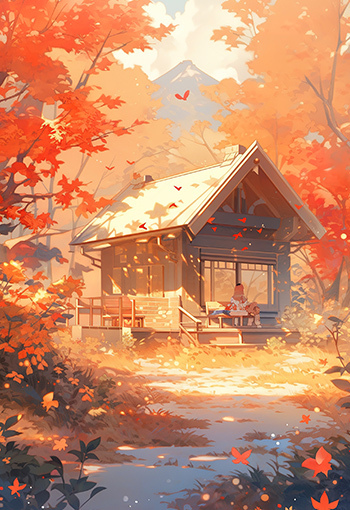 森林房子风景秋天落叶