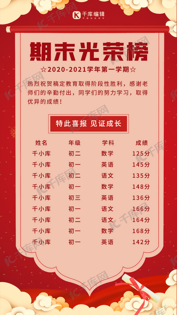 高考成绩喜报光荣榜红色喜庆手机海报