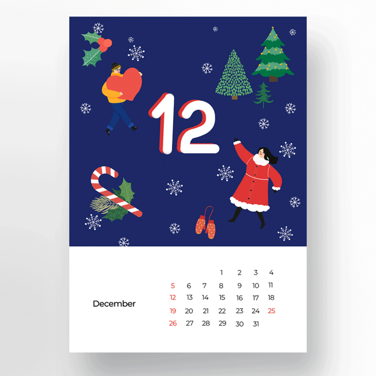 蓝色卡通插画圣诞节12月日历模版