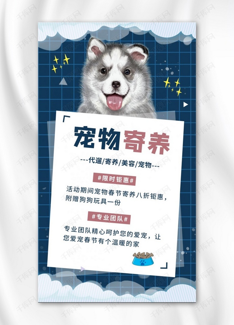春节寄养宠物蓝色卡通海报