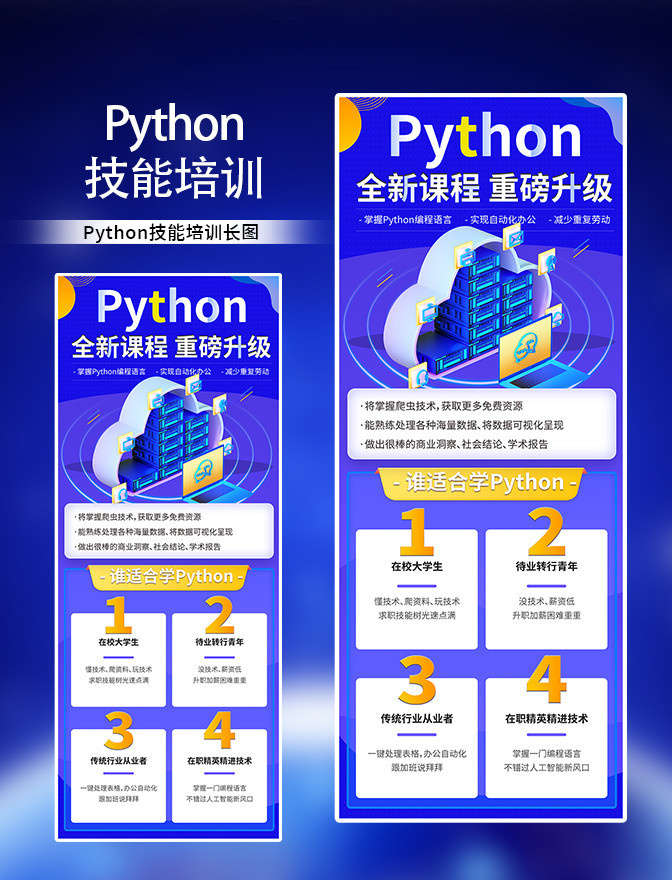蓝色互联网教育培训课程长图成人招生学习技能技术Python营销长图H5海报模板下载-千库网