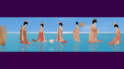 AE模板古画动画簪花仕女图蓝天版视频