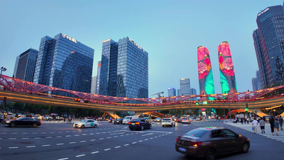 4K城市成都高新区双子塔夜景灯光延时实拍素材