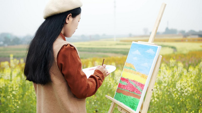 自然春天美女菜花田画画油画实拍实拍素材