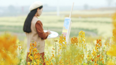 叨叨菜实拍视频素材自然春天美女菜花田画画油画实拍视频实拍