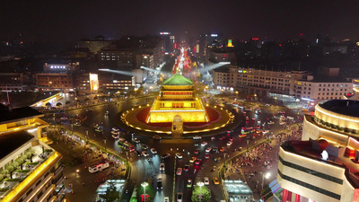 陕西西安钟楼夜景航拍视频实拍