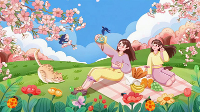 春天拍照实拍视频素材春天春季樱花季郊游赏花场景人物插画视频背景