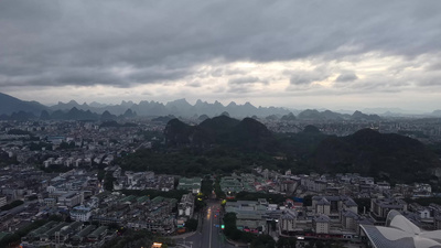 航拍桂林城市清晨城市风光实拍视频实拍