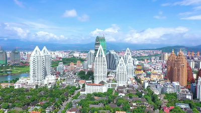 航拍云南西双版纳景洪市地标城市建筑实拍素材