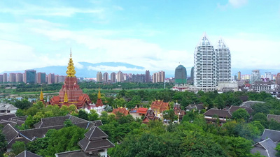 航拍云南西双版纳景洪市地标城市建筑傣族实拍素材