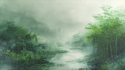 中国风山水小溪国潮竹林茅屋云雾AI视频背景