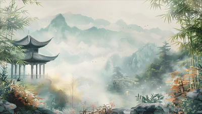 中国风国风山水自然风景群山绿树竹林庭院AI视频背景